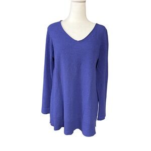 Eileen Fisher Sweater Womens S Blue 100% Wool V Neck Tunic Knit Long Sleeve